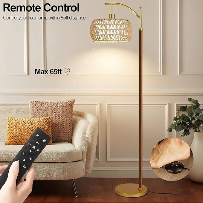 ZECOXOL Wood Floor Lamps for Living Room Arc Boho Floor Lamp with Remote Control & 3 Color Temperatures,Vintage Wicker Rattan Standing Lamp Dimmable Tall Floor Lamp for Bedroom Living Room Corner