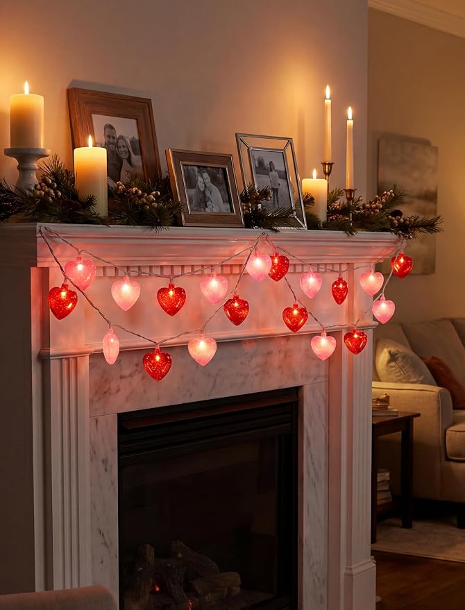 8.5 Ft Heart String Lights, Valentines Day Decorations Lights with 10 LED Glitter Red Pink Heart Lights, Plug in Fairy String Lights for Wedding Anniversary Party Valentine's Day