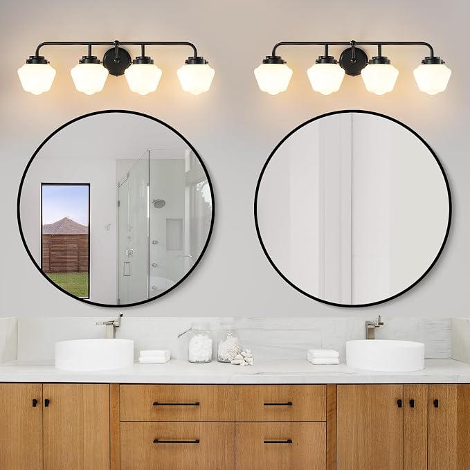 RUIYEY Bathroom Vanity Light Fixtures: 4-Light Matte Black Bathroom Lighting Fixtures Over Mirrors, Farmhouse Rustic Wall Sconce with Milky White Glass for Bath Living Room Cabinet