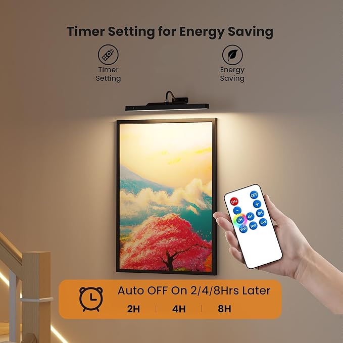 Dimmable Cordless Picture Light with Controller and Timer, Rechargeable 5000mAh Battery Wall Sconce for Wall Pictures, 16in Wall Light for Gallery Artwork, Paintings, Phote, Portraits - Black