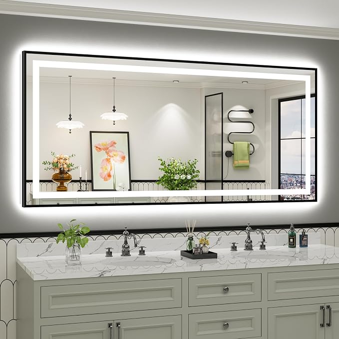 77x36 Inch LED Bathroom Mirror with Black Frame, Backlit & Front Lit | Anti-fog, 3 Color Dimmable, Memory Function, HD Reflection Tempered Glass, ETL Listed, IP54 Waterproof