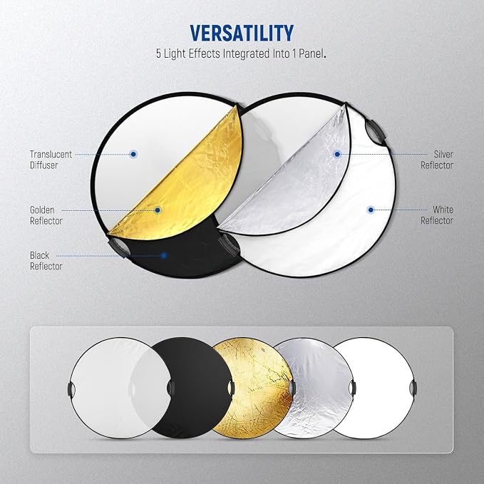 NEEWER 22"/56cm Light Reflector with Clamp & Hand Grips, 5 in 1 Collapsible Multi Disc Photography Reflector Translucent/Silver/Gold/White/Black with 3/8" Thread for Studio Outdoor Lighting, RF-56II | Polyester, Multi Disc Photography Diffuser, Translu...