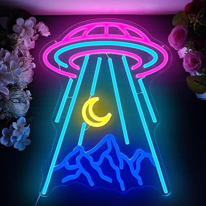 UFO Neon Sign for Wall Decor Alien Spaceship Mountain Neon Sign Dimmable Moon LED Neon Light Signs Light Up Sign for Bedroom Kids Space Game Room Decor Beer Bar Nightclub Shop Gift