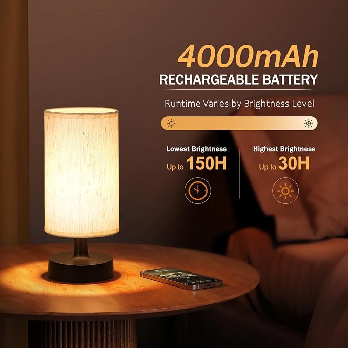 Kakanuo Small Cordless Table Lamp with Rechargeable Battery, Black, 1 Pack | Touch Stepless Dimming, 3000K Warm Light, Beige Fabric Shade, 30H at Full Brightness, for Bedside, Bedroom and Living room
