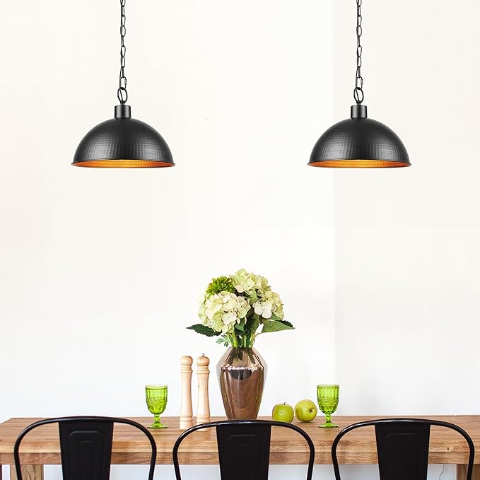 GLOBE Electric 67000100 1-Light Pendant Light Fixture, Weathered Black Finish, Hammered Metal Shade, Gold Interior, Living Room Pendant Light, Dining Room Fixture, Hanging Lights for Bedroom