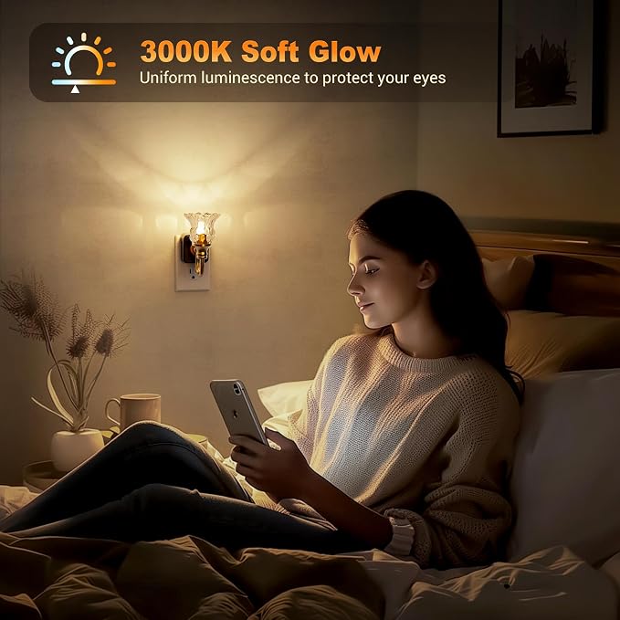 JandCase Night Light, Floral Night Lights Plug into Wall, Glass Nightlight | 0-100LM Dimmable Flower LED Nightlights with Light Sensor, 1W Vintage Nite Light for Bathroom Hallway Gift Vanity Decor