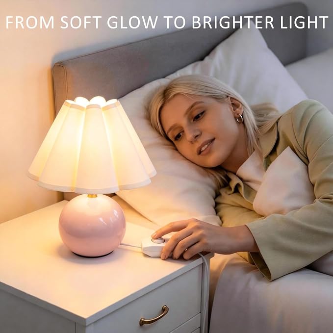 Small Bedside Table Lamp, 11.8'' Ceramic Stepless Dimmable Lamp (Pink) | with scalloped fabric shade for nightstand & living room. Perfect for quiet nights to create a cozy, relaxing atmosphere
