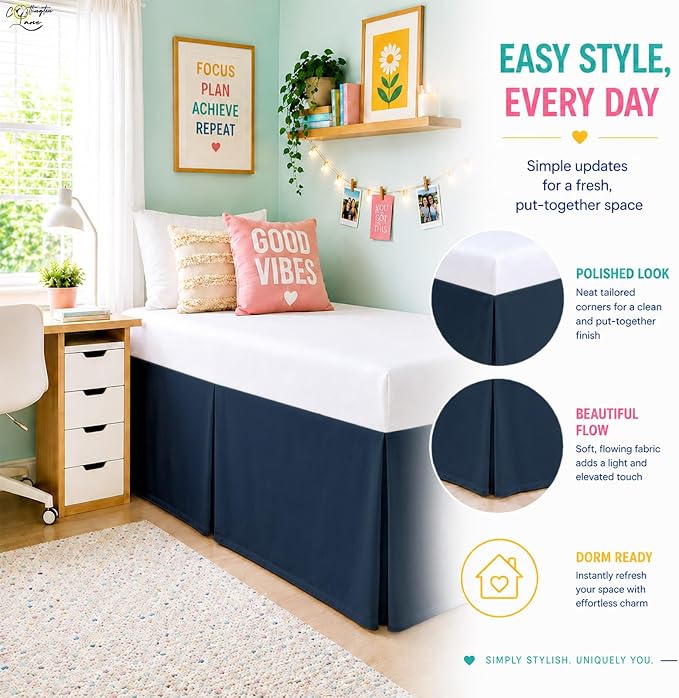 Cottington Lane Tailored Box Pleated College Dorm Bed Skirt Twin XL, Hotel Quality Premium Brushed Microfiber Extra Long Bedskirt Twin XL 30 Inch Drop, Navy Blue Dorm Bedding