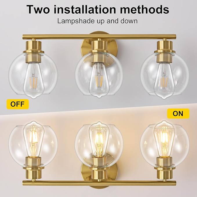 22" Bathroom Light Fixtures, 3-Lights Bathroom Vanity Light Over Mirror with Clear Glass Shade, Modern Gold Wall Sconce Vanity Lighting for Bath, Kitchen, Living Room, Hallway