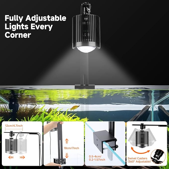 fishkeeper Clip On Aquarium Stream Light with 24/7 Mode(60W) | Fish Tank Light with Timer, DIY 3 Colors 10 Brightness, Full Spectrum Aquarium Light with Clamp for Freshwater Plants