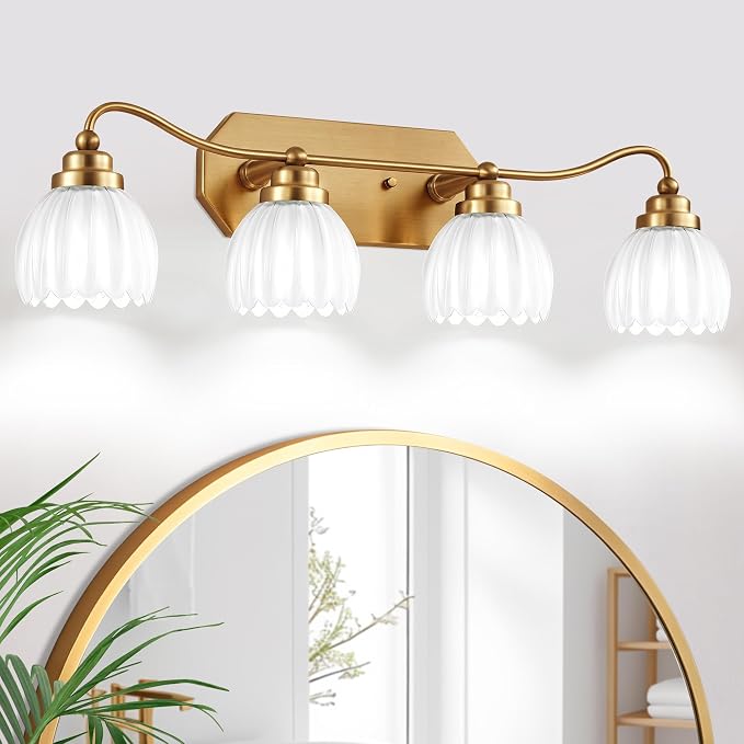 4 Light Gold Vintage Vanity Lights, Antique Brass Finish | Milk White Tulip Crystal Shades,Brushed Gold Bathroom Light Fixtures, Wall Sconce Ideal for Bedroom,Hallway,Easy to Install