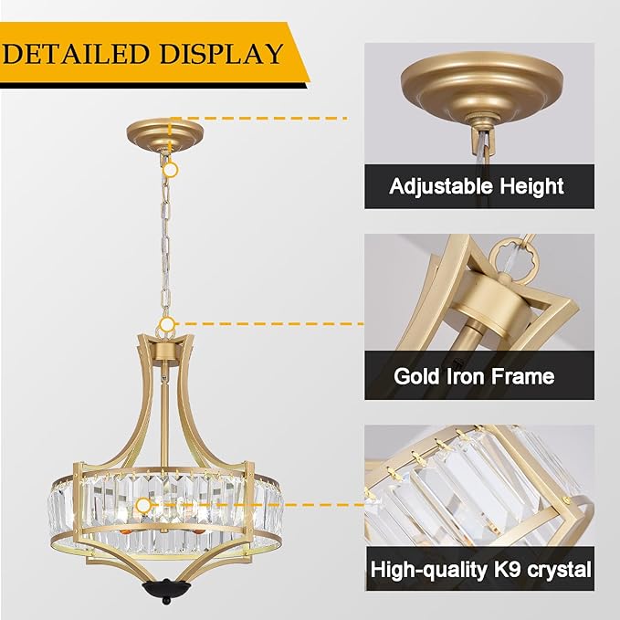 5-Light Crystal Chandelier Ceiling Light Fixture with Adjustable Height, Gold Drum Pendant Light for Dining Room Light Fixture, Kitchen Island, Bedroom, Living Room, Elegant Modern Lighting