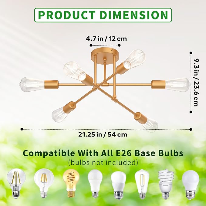 Modern Sputnik Chandelier, 6-Light 22" Semi Flush Mount Ceiling Light Fixture, Mid Century Industrial Chandelier Lighting for Dining Room, Bedroom, Living Room