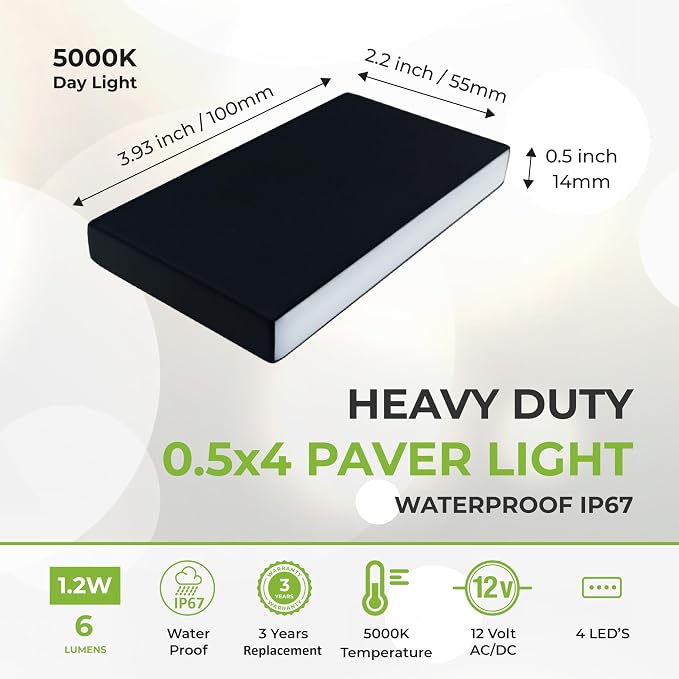 LUMENGY Paver Light Slim 0.5x4 Inch (0.47x3.93), 5000K Daylight, Glare-Free Linear Lighting for Driveways, Walkways and Paver Borders, 12V Hardwired, IP67 Waterproof, Drive-Over Rated