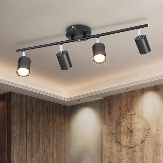 4-Light Track Lighting Fixtures Ceiling, GU10 Black Led Ceiling Spotlight, Modern Track Light Kit for Kitchen Hallway Living Room