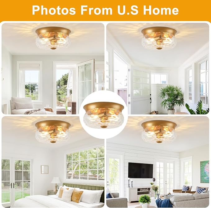 Gold Flush Mount Ceiling Light Fixtures, 2-Light Ceiling Mount for Modern with Clear Hammered Glass Shade, Industrial Flush Mount Light Fixture Farmhouse for Hallway Kitchen Bedroom Entryway Foyer