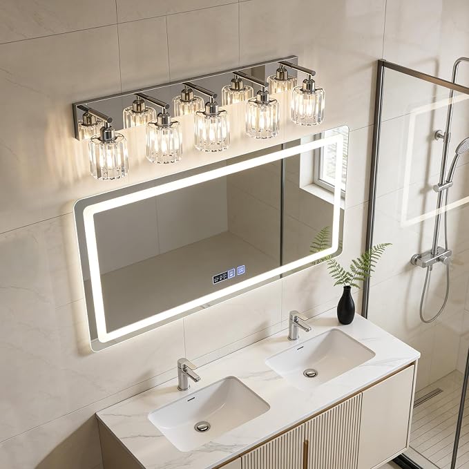 Brushed Chrome Crystal Bathroom Vanity Light, 5-Light Modern Bathroom Lighting Fixtures Over Mirror,Chrome Wall Sconce Light Fixtures with Round Shade
