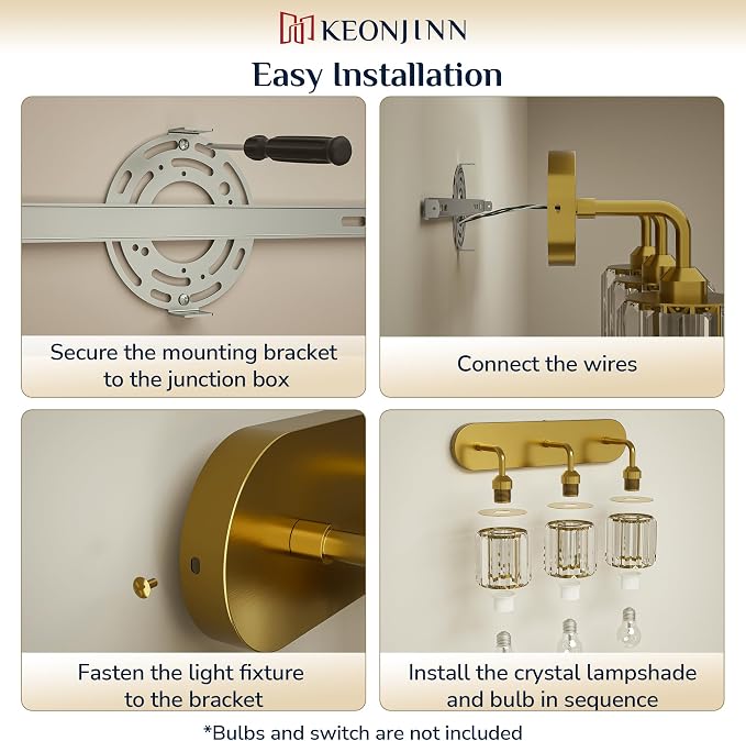Keonjinn 3-Light Gold Bathroom Light Fixtures Over Mirror, Crystal | Vanity Lighting Fixture with Square Shades, Dimmable, Vintage Style, Compatible with E26 Base LED Bulbs (Blub Not Included)