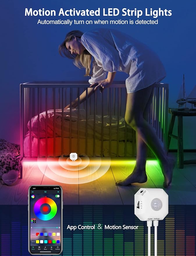 Daymeet Motion Sensor LED Strip Lights, 16.4ft RGB Motion Activated Under Bed Lights with Automatic Shut Off Timer App Control Cabinet Night Light Closet Lights for Hallway, Kitchen,Bedroom