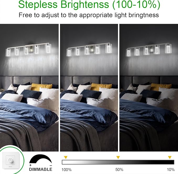 SineRise 5-Light Brushed Nickel Vanity Light with 3 Color Modes (3000K/4000K/6000K), Eye Protection LED Bathroom Light Fixture, Dimmable Modern Wall Light Over Mirror with Clear Glass Shade