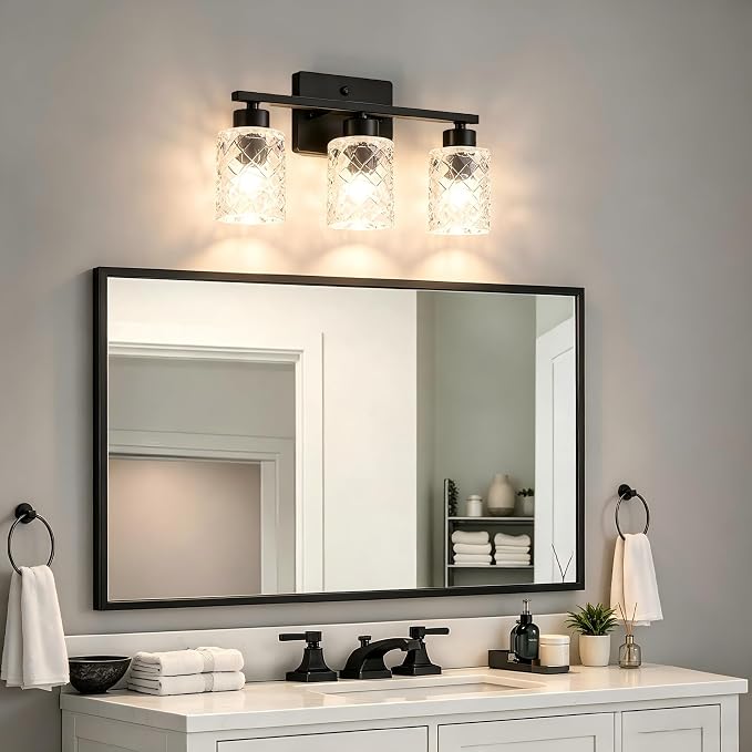 3-Light Bathroom Light Fixtures, Black Vanity Lights Over Mirror | Wall Sconces with Clear Textured Glass Shades for Living Room Bedroom Hallway,E26 Base (Bulbs Not Included)