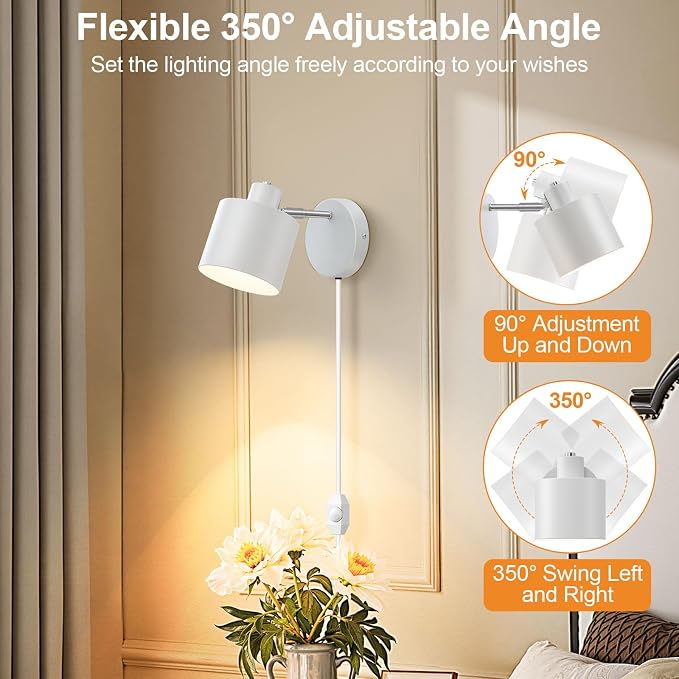 Lightess Plug in Dimmable Wall Lights Adjustable Lamp with Cord Set of 2 | 350° Adjustable Design, Plug in Dimmable Fixture,Modern Fits Kitchen Bedroom Hallway Light Bulbs not included