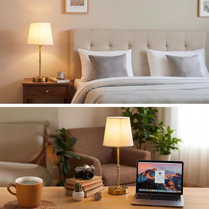 Gold Portable Cordless Table Lamp, Rechargeable Bedside Lamp, Tall | 3000mAh battery, touch stepless dimming, 2700K warm light, fabric shade and USB-C charging for bedroom, nightstand and desk.