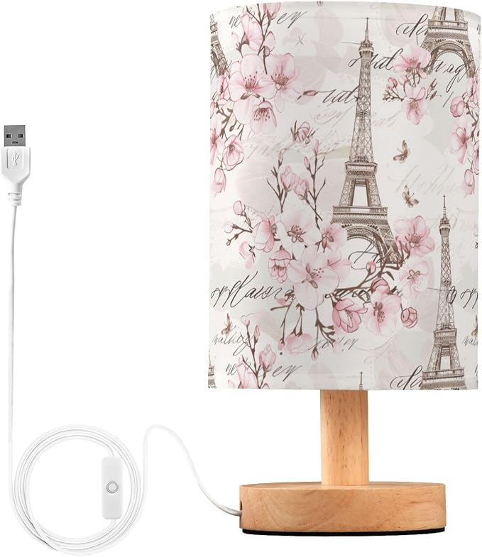 Vintage Pink Floral Eiffel Tower Table Lamp for Bedroom USB Port Lamps Small Accent Table Lamp Nightstand Lamp Study Linen Shade with Wooden Base, Decorative Lamps for Bedside Reading|Kids|Dorm|Home