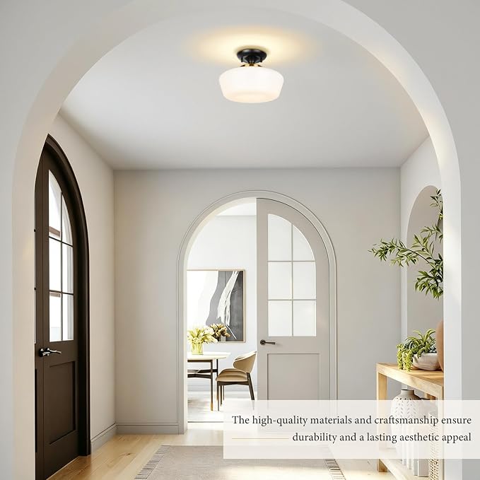 Schoolhouse Style Semi Flush Mount Ceiling Light Fixture, 12" Modern Black and Gold Ceiling Lamp with Opal Milk Glass Shade, Matte Black & Brass Farmhouse Globe Light for Bedroom Hallway Entryway