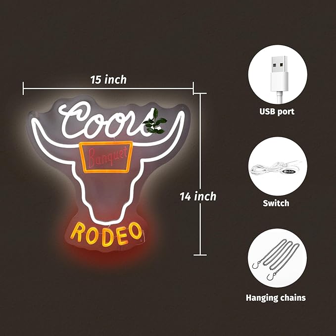 Western Decor Cowboy Neon Sign - 9 Brightness Adjustments Usb Powered, Cow Skull Light, Sign Beer, Bar Club Bull Led Wall Decor