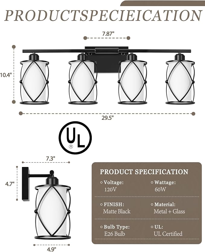 4-Light Black Bathroom Light Fixtures with Milk White Frosted Glass, 29" Modern Bathroom Vanity Lighting Fixtures Over Mirror with Metal Cage, Wall Sconce Lights for Bath, E26, CH9176BKW-4W