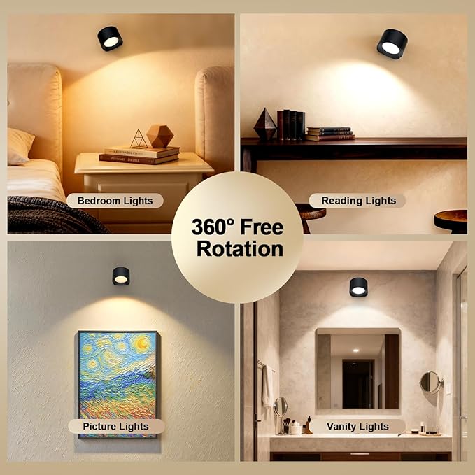 LED Wall Lights with Remote,Rechargeable Wall Mounted Reading Sconces Lamp, 3 Colors & Dimmable Magnetic 360° Rotation Cordless Wall Lighting Spotlights for Bedroom Bedside Hallway (3-Pack)