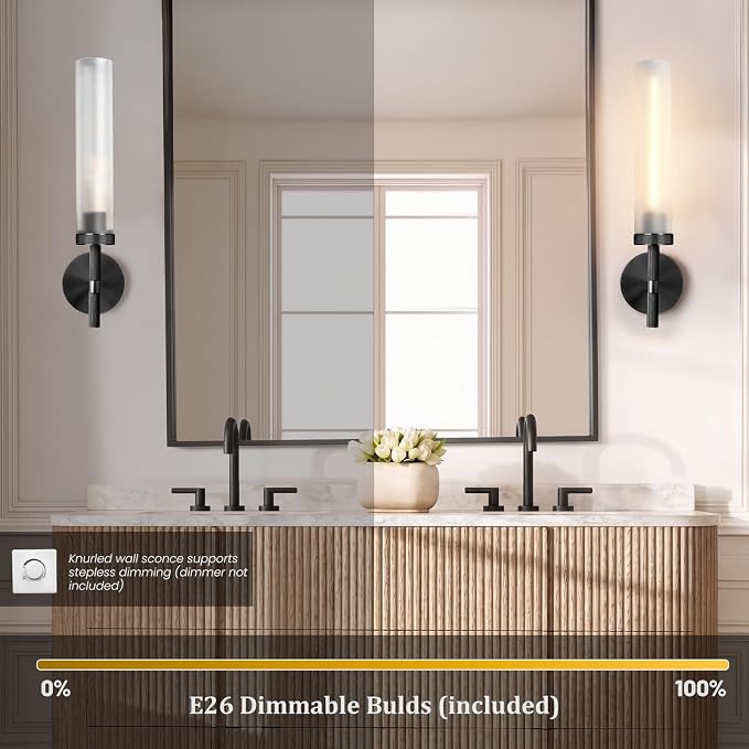 Black Knurled Wall Sconce, 20" Bathroom Wall Sconce 2Pc, Glass Tube and Brass Wall Sconces Lighting, Wall Light Mirror Sconces,Vanity Sconce Lights for Bath, Bedroom, Living Room, Hallway