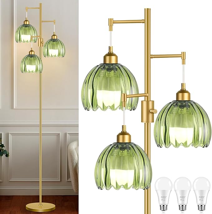Gold Floor Lamps for Living Room Bedroom-3 Light Glass Floor Lamp with Three Led Bulb, Flower Tall Floor Lamp Dimmable Mid Century Modern Standing Lamp Vintage Tree Floor Lamps for Bedroom Corner