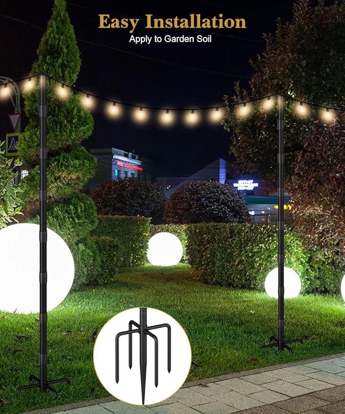 10Ft String Light Poles for Grass & Soil, Outdoor Light Stand with 5-Prong Fork Base, Heavy-Duty Metal Poles for Backyard, Garden & Patio Party Lighting, Rustproof & Adjustable, 2 Pack
