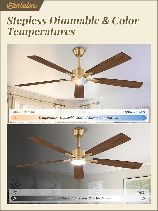 Fanbulous 60 Inch Black and Gold Ceiling Fan with Light Remote & APP | Stepless CCT & Dimmable Light, 20W LED Ceiling Fans, 6 Speeds, Reversible Quiet DC Motor, for Bedroom Living Room Apartment