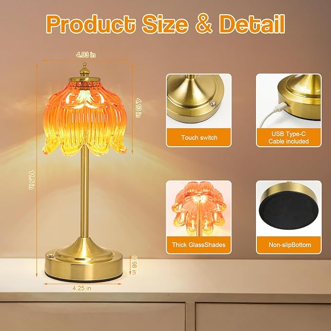 Cordless Table Lamp, Rechargeable Honey Glass Lotus Flower Lamp | 5200mAh touch lamp with 3 color modes and stepless dimming, battery operated lamp for nightstands and kitchen counters