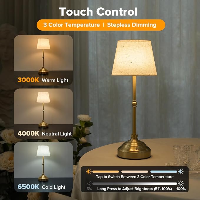 2 Pack Cordless Table Lamp, Rechargeable Desk Lamp with Fabric Shade, Battery Operated 3 Color Stepless Dimming, Small Touch Bedside Lamp Home Decor for Dining, Counter(Brushed Gold)