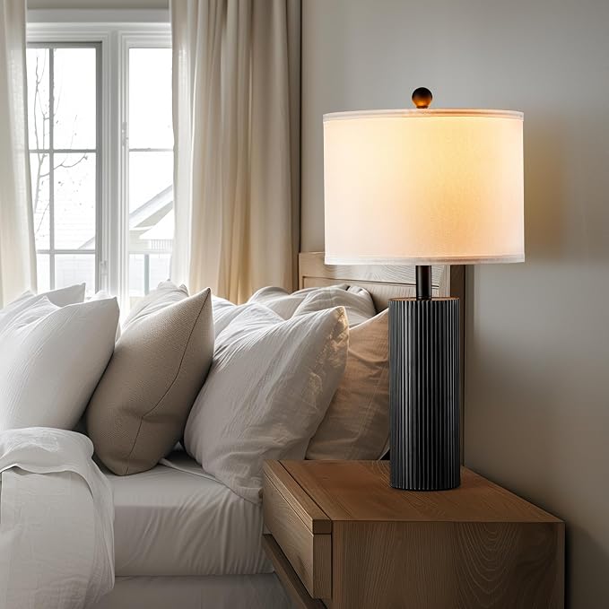 24.5" Black Lamps Set of 2, Modern Table Lamps for Living Room with USB C+A Ports, Creative Stripe Touch Lamps for Nightstand, 2 Bulbs Included