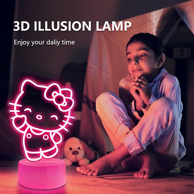 Cute Night Light for Kids - Anime Charater Kitty Cat Decor Lamp with 16 Colors Change, Remote, Dim Control, 3D Illusion LED Night Lights for Kids Gifts Party Birthday Decoration