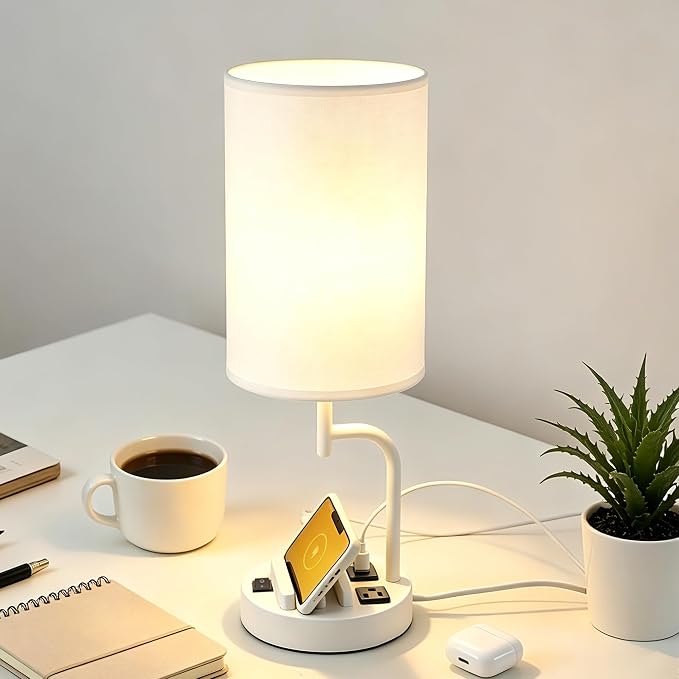 Dreamholder 2 Pack Table Lamp, Bedside Lamp with 3 USB Charging Ports & AC Outlet, USB Desk Lamp with 2 Phone Holders, Linen Fabric Shade Nightstand Lamps for Bedroom Living Room Office, White