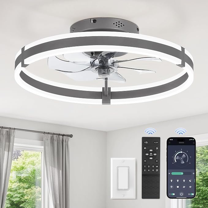 ZMISHIBO Low Profile 19.7'' Ceiling Fans with Lights and Remote, Gray | 3000-6000K Dimmable LED Fandelier, Quiet DC Motor, Reversible Airflow, 6 Wind Speeds, Timer, Bedroom, Living Room, Kitchen