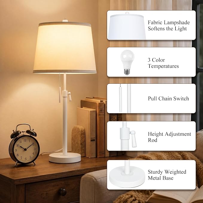 JUNNAI White Table Lamps Set of 2, 22" to 30" Adjustable Height Bedside Lamps for Living Room 3 Color Temperatures Tall Nightstand Modern Lamp for Bedroom Office End Table (Bulbs Included)