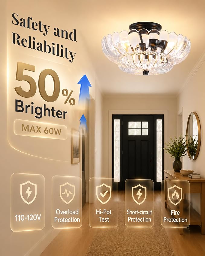 Semi Flush Mount Ceiling Light Fixture 14" Vinatge Black Ceiling Lights Mid Century Modern Clear Glass Close to Ceiling Lighting Fixtures for Bedroom Hallway Kitchen Laundry Room Bathroom