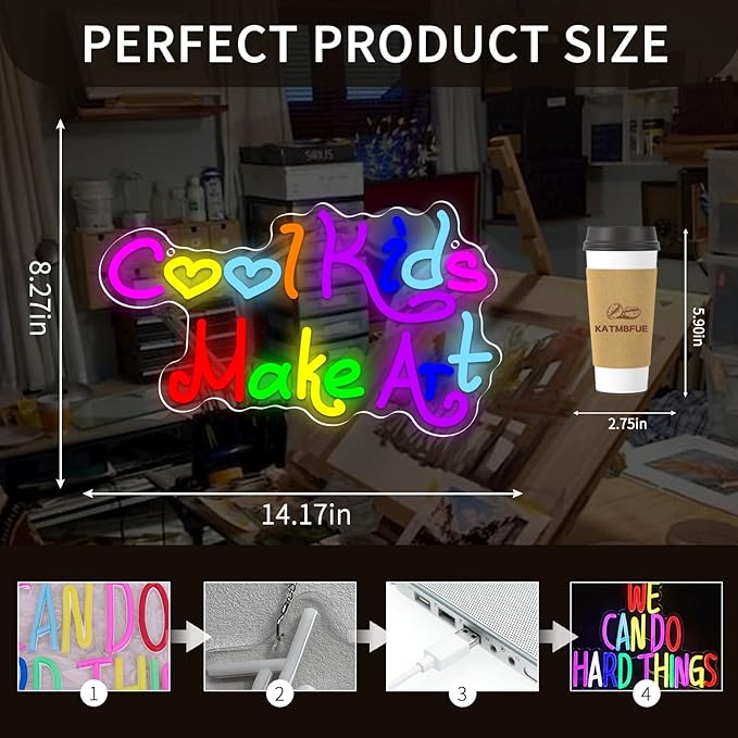 Cool Kids Make Art Neon Sign for Classroom, Art Neon Light Wall Decor, Kids Neon Light Sign Colorful Letter Led Neon Lights for Bedroom Library School Decoration 14.17 x 8.27 inch