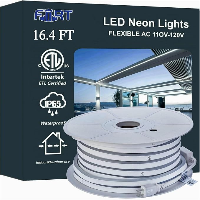 FORT White neon strip lighting - 120leds/m dotless ETL IP65 waterproof exterior neon led lights for outdoor use - weather-resistant rope lighting - 120v led strip lights for home and commercial 16.4FT