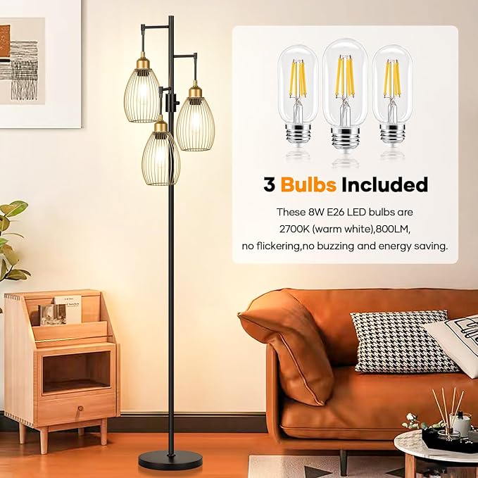 Dimmable Floor Lamp,3x800LM LED Bulbs Included, Farmhouse Industrial Floor Lamp Standing Tree Lamp with Teardrop Cage Head Tall Lamp for Living Room Bedroom Office Dining Room - Black Gold Edge