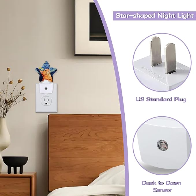 Cat Starry Night Night Lights Plug Into Wall Decorative,Oil Painting Nightlight with Dusk Sensor for Bathroom,Kitchen,Entryway,Room Accent,Gifts