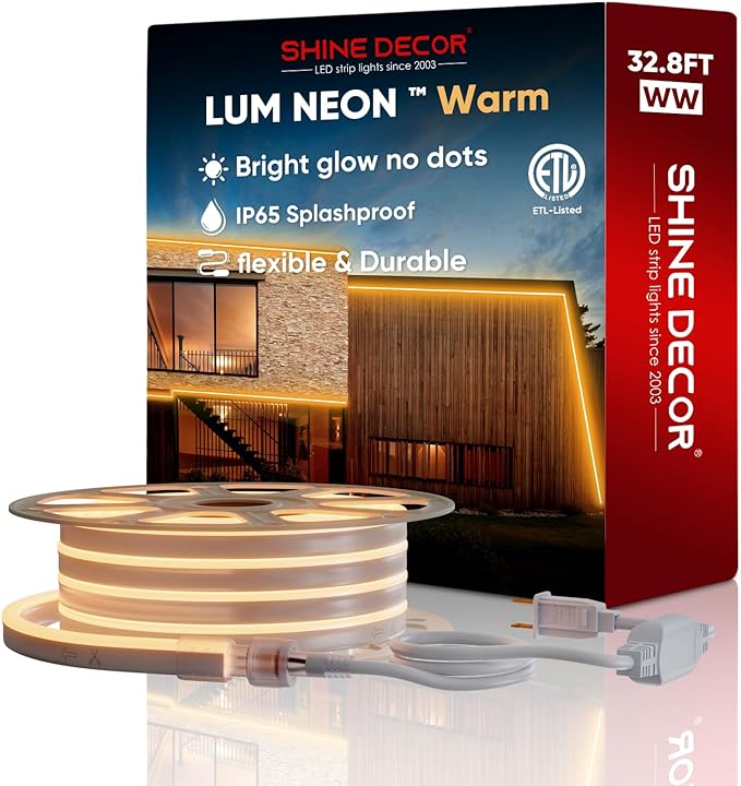 LED Neon Rope Lights AC 120V, Expandable & Cuttable 120LEDs/M Bright Strip Lighting, ETL Cold-Resistant & IP65 Waterproof for Indoor Outdoor, 8x16mm, 2500K Warm White, 32.8ft