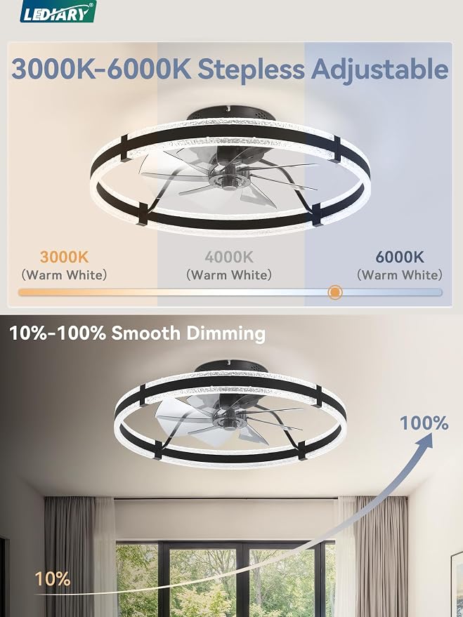 LEDIARY 24'' Low Profile Ceiling Fans with Lights and Remote, Black, 2 Pack | 3000-6000K Dimmable LED, 6 Wind Speeds, Quiet Reversible DC Motor, Small Flush Mount Fandelier for Bedroom, Living Room